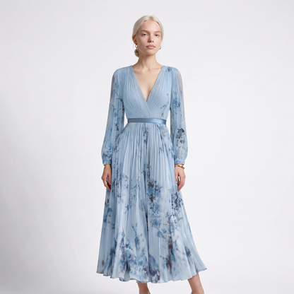 Sunoire rowella elegant pleated maxi dress colorway blue front hero 01