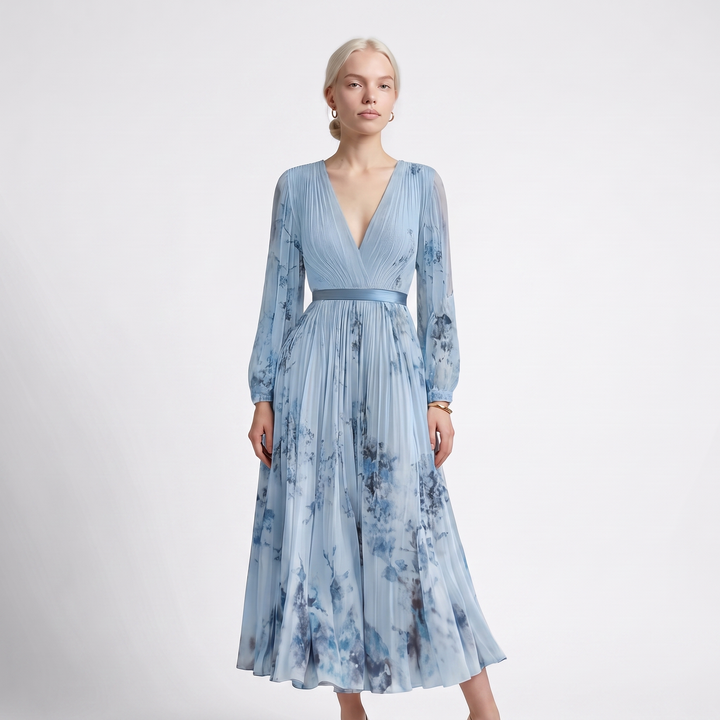 Sunoire rowella elegant pleated maxi dress colorway blue front hero 01