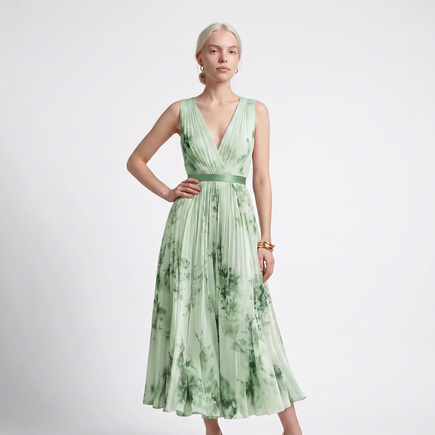 Sunoire rowella elegant pleated maxi dress colorway green front hero 01