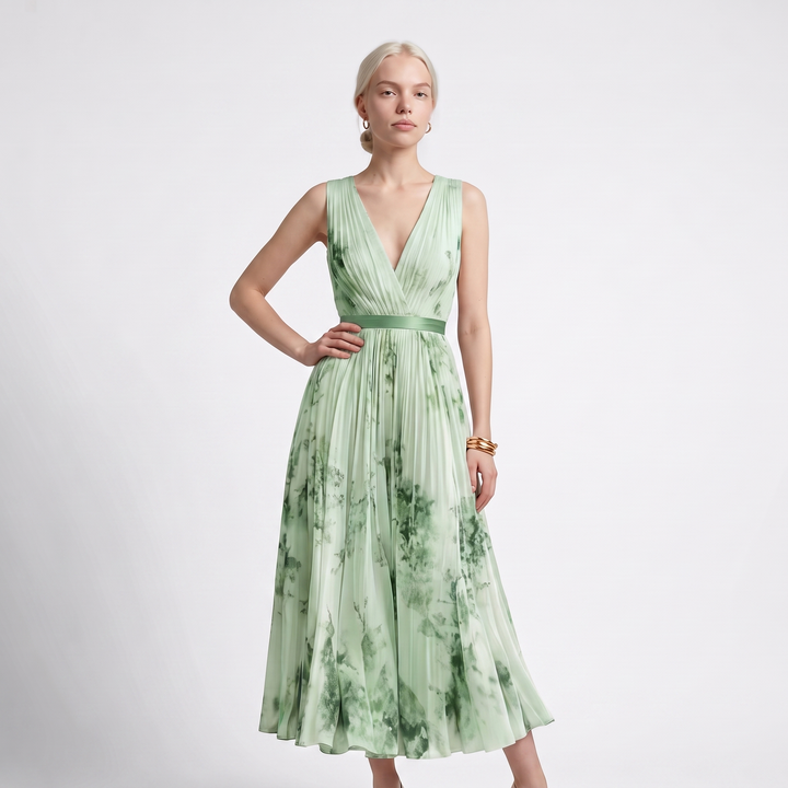 Sunoire rowella elegant pleated maxi dress colorway green front hero 01