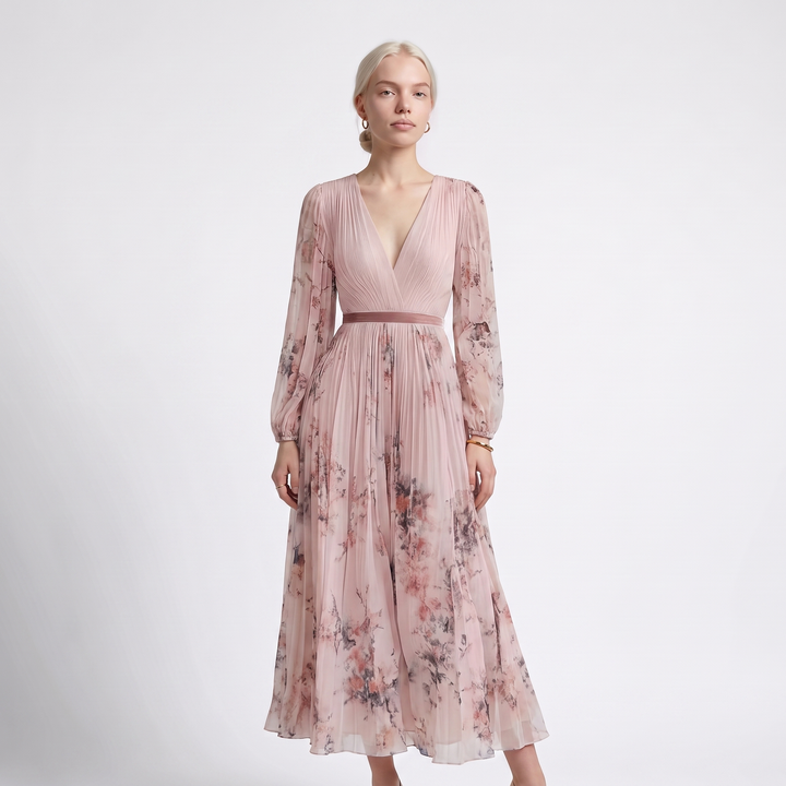Women's Floral Pleated V-Neck Maxi Dress – White Wedding Guest Dress — Pink