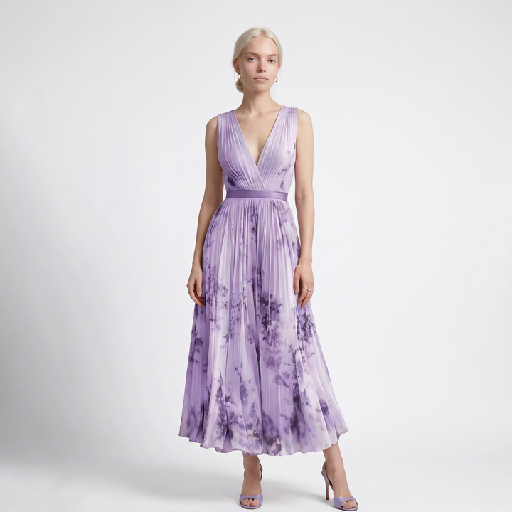 Women's Floral Pleated V-Neck Maxi Dress – White Wedding Guest Dress — Purple
