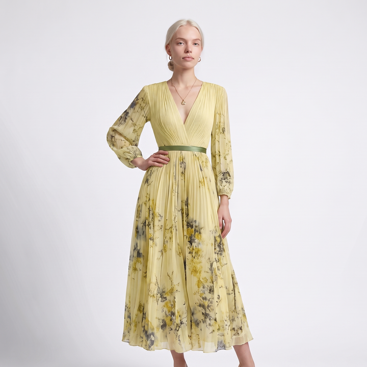 Women's Floral Pleated V-Neck Maxi Dress – White Wedding Guest Dress — Yellow