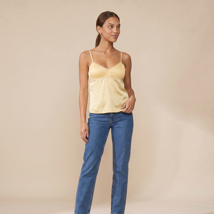 Blanca Green Satin Lace Effect Top — Yellow