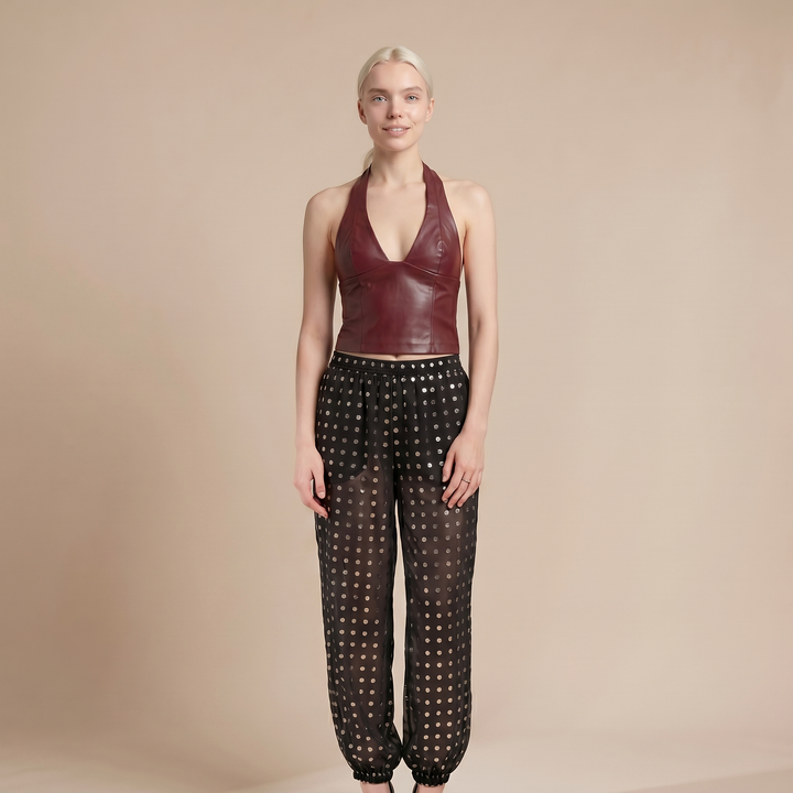Tana Faux Halter Top — Burgundy