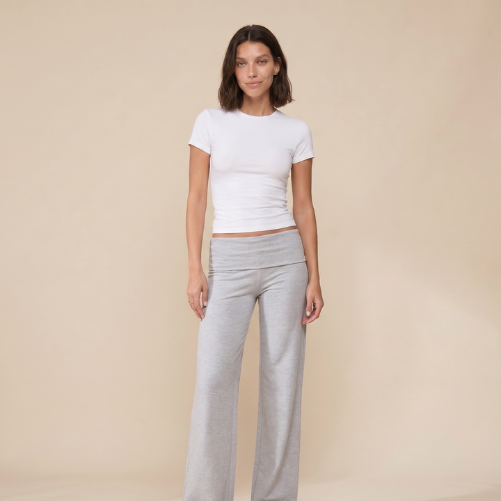 Wide Leg Cotton Foldover Pants — Light Gray Melange