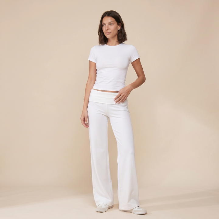 Wide Leg Cotton Foldover Pants — White