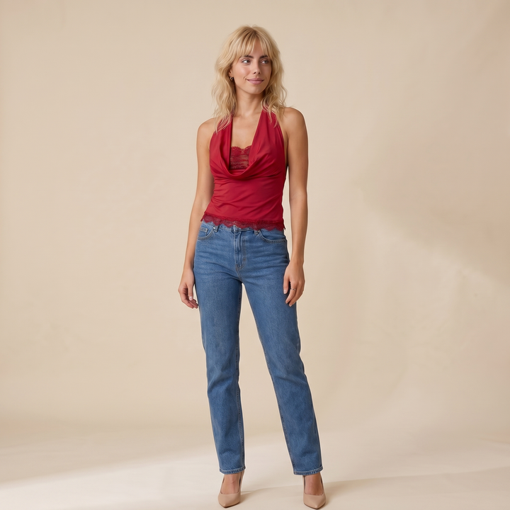 Lacey Black Layered Cowl Halter Top — Red