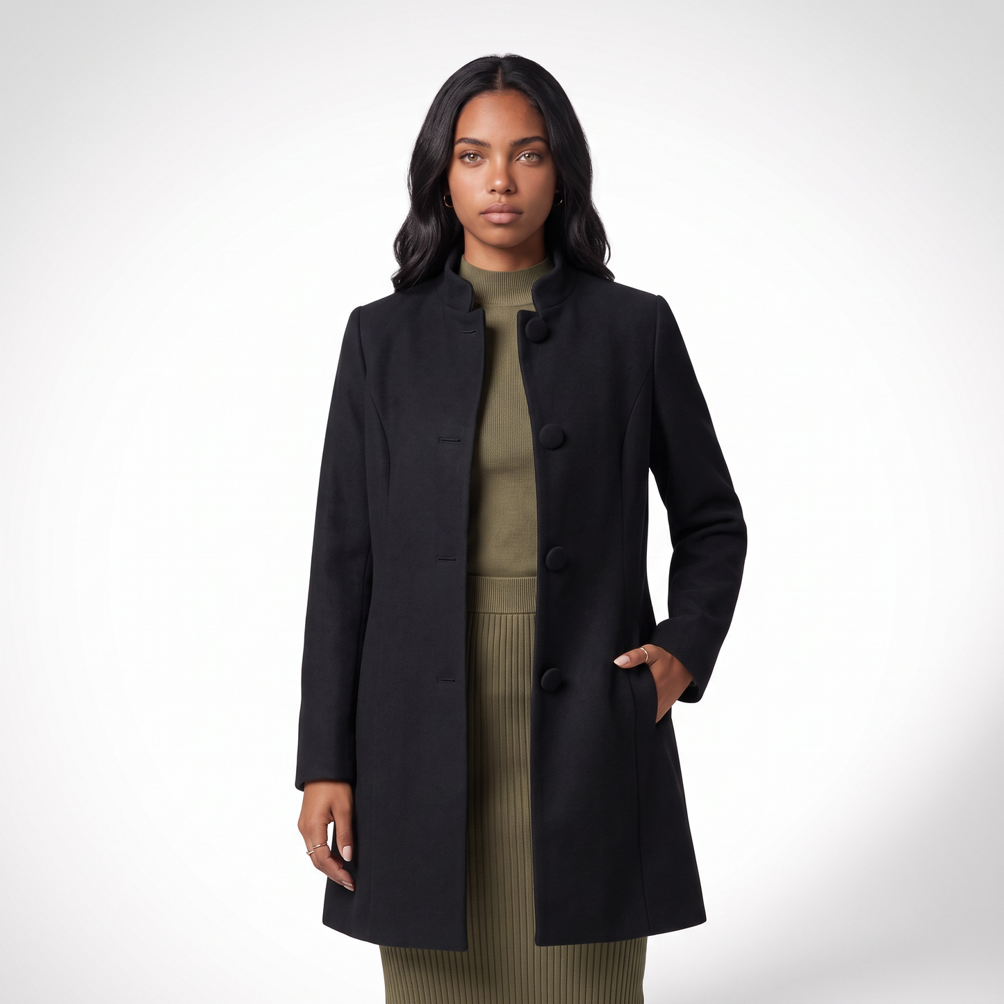 Sunoire sable women s winter coat with button closure and long sleeves colorway black front crop 01