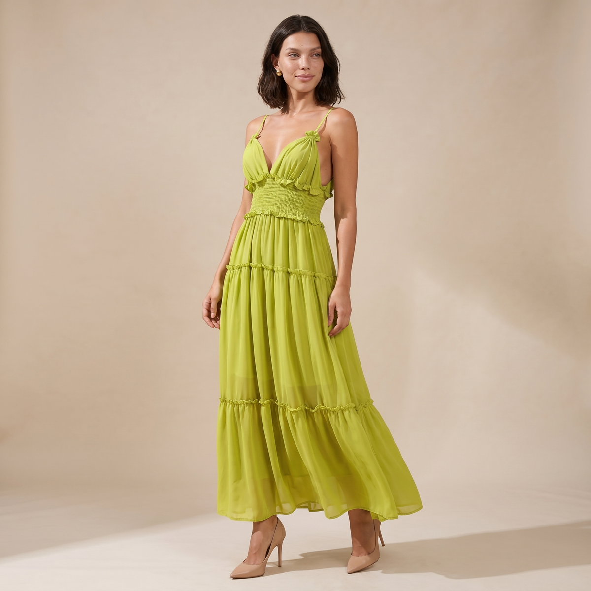 Sunoire saelvion spaghetti maxi dress in chartreuse front hero 01