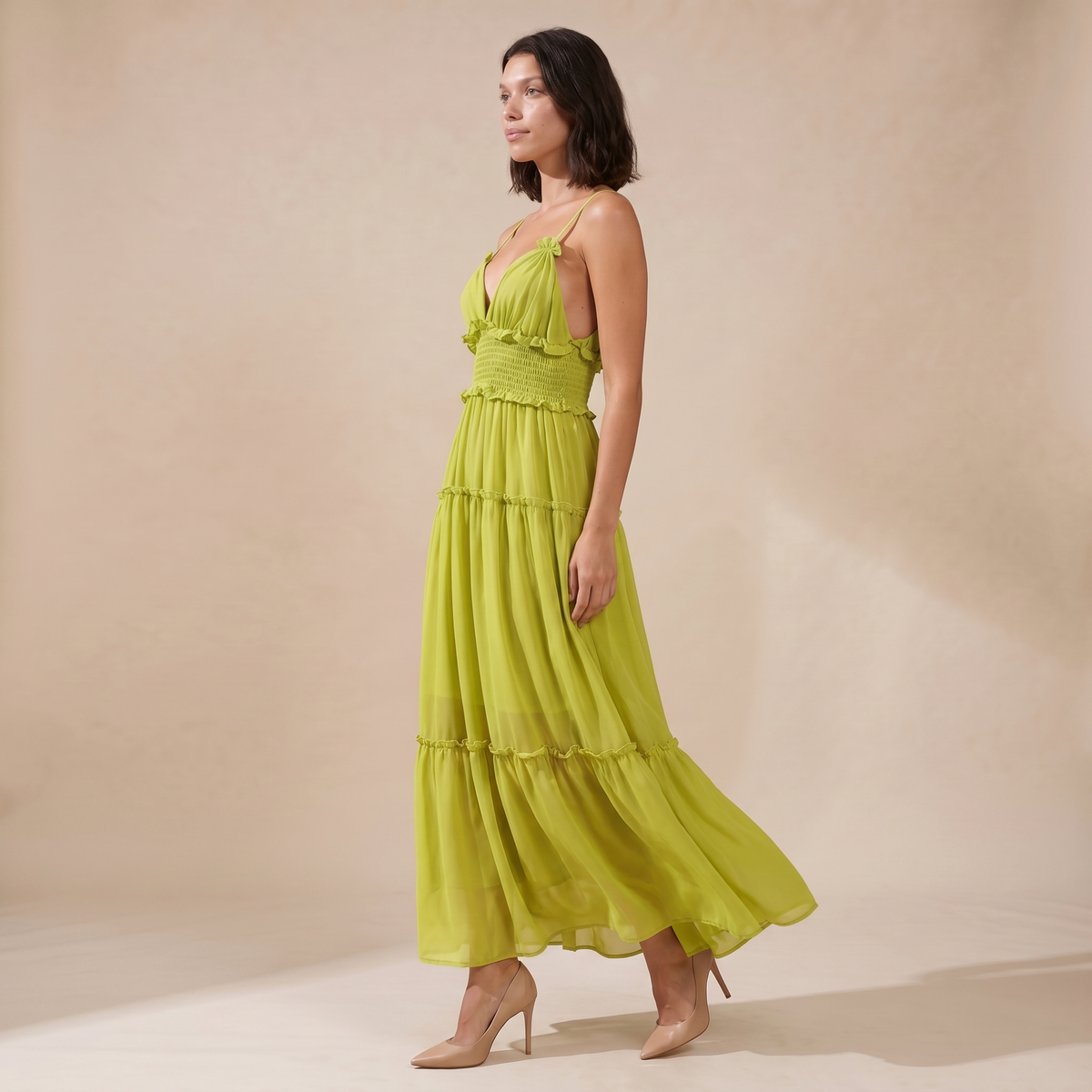 Sunoire saelvion spaghetti maxi dress in chartreuse side view 01