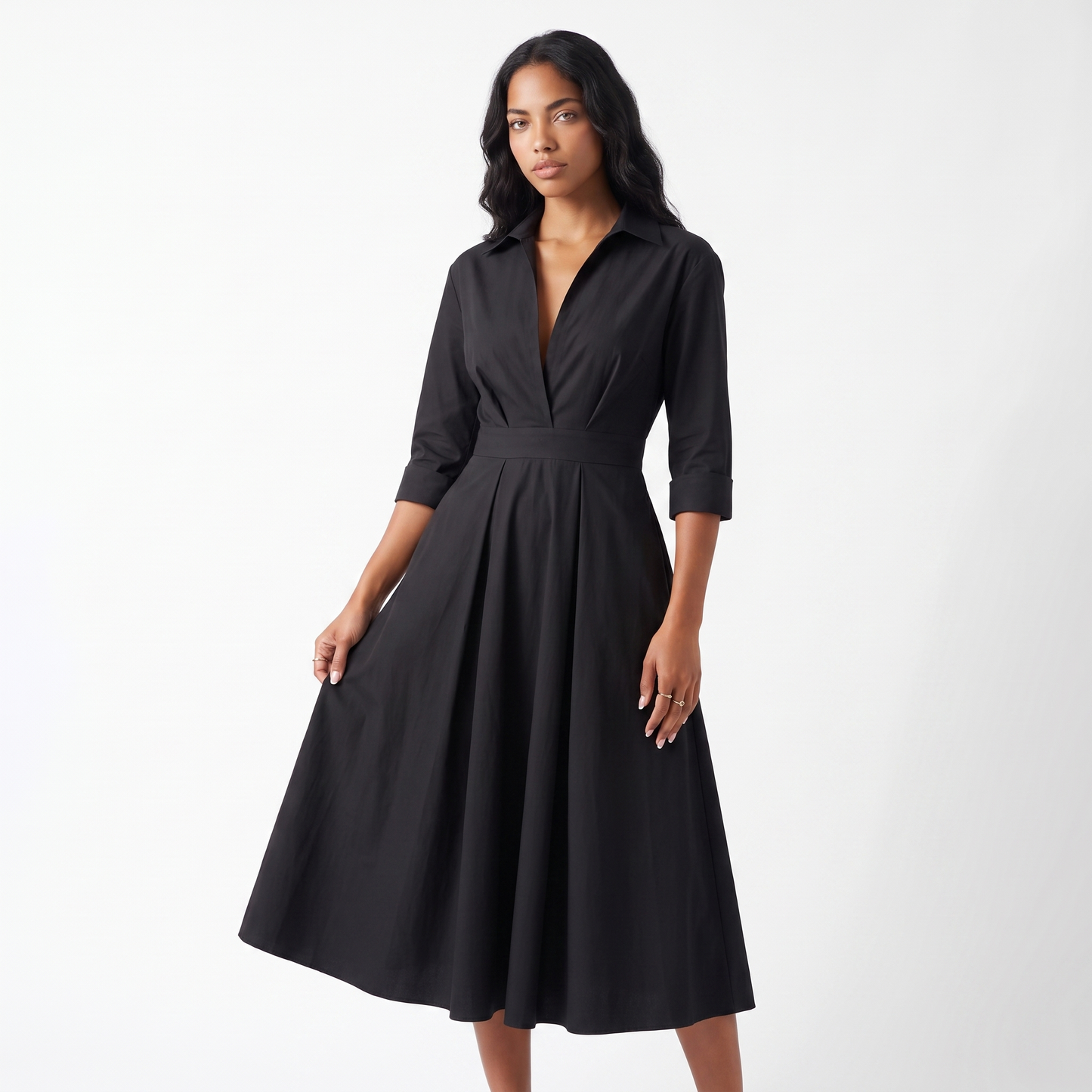Sunoire sarah womens button front collared midi dress colorway black front crop 01