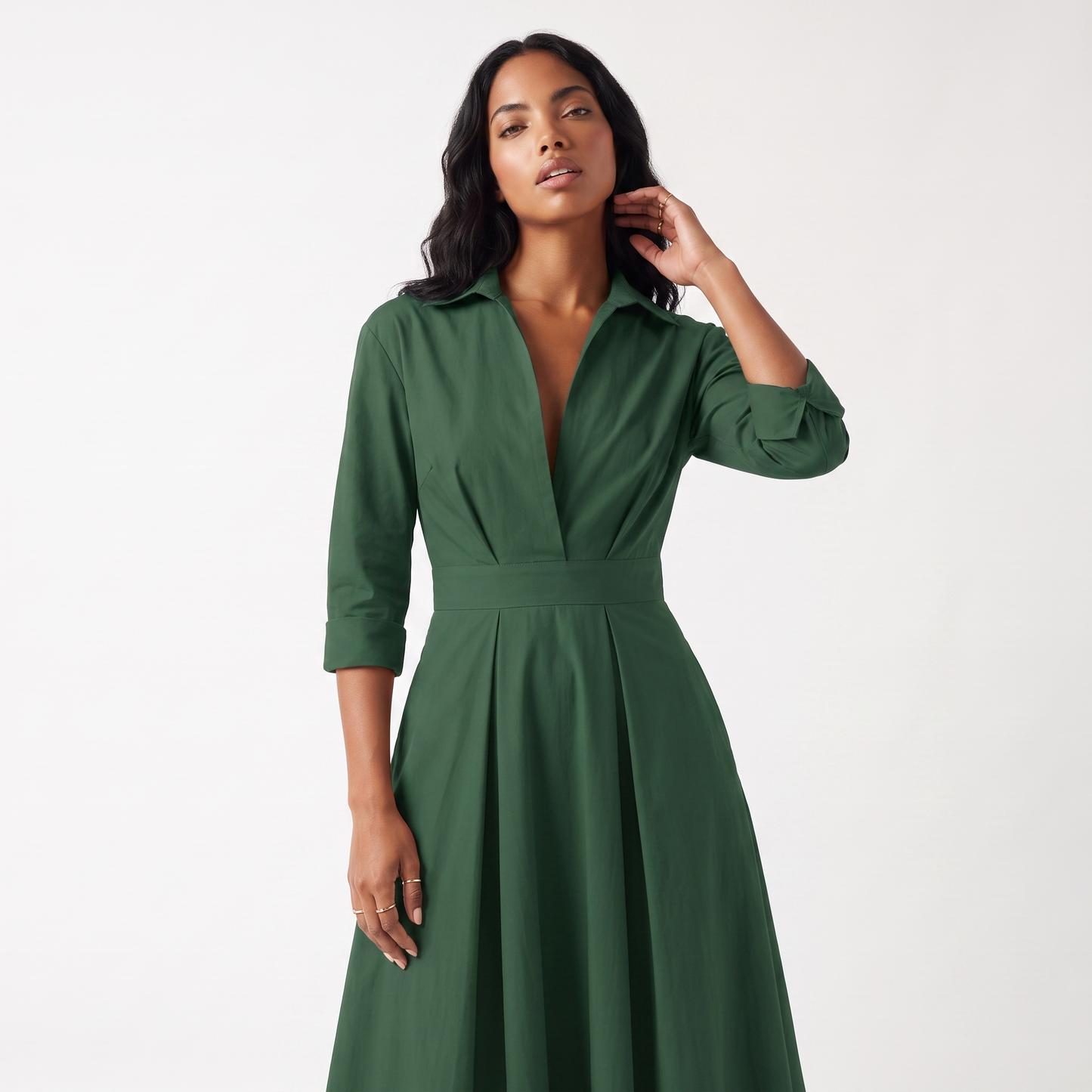 Sunoire sarah womens button front collared midi dress colorway green front crop 01
