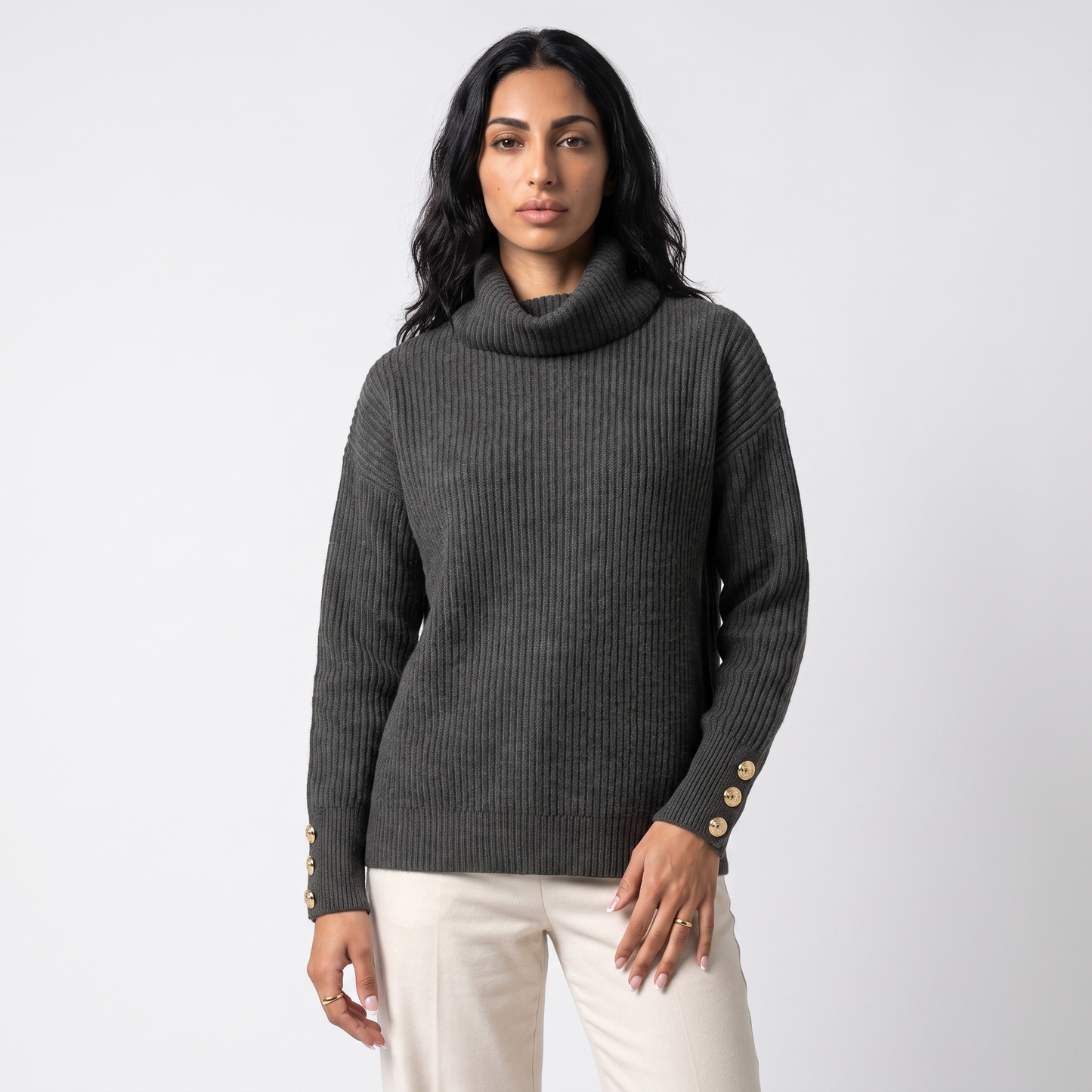 Sunoire scarlett womens ribbed cowl neck sweater button cuff knit jumper colorway black front crop 01