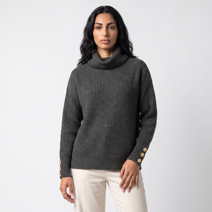 Sunoire scarlett womens ribbed cowl neck sweater button cuff knit jumper colorway black front crop 01