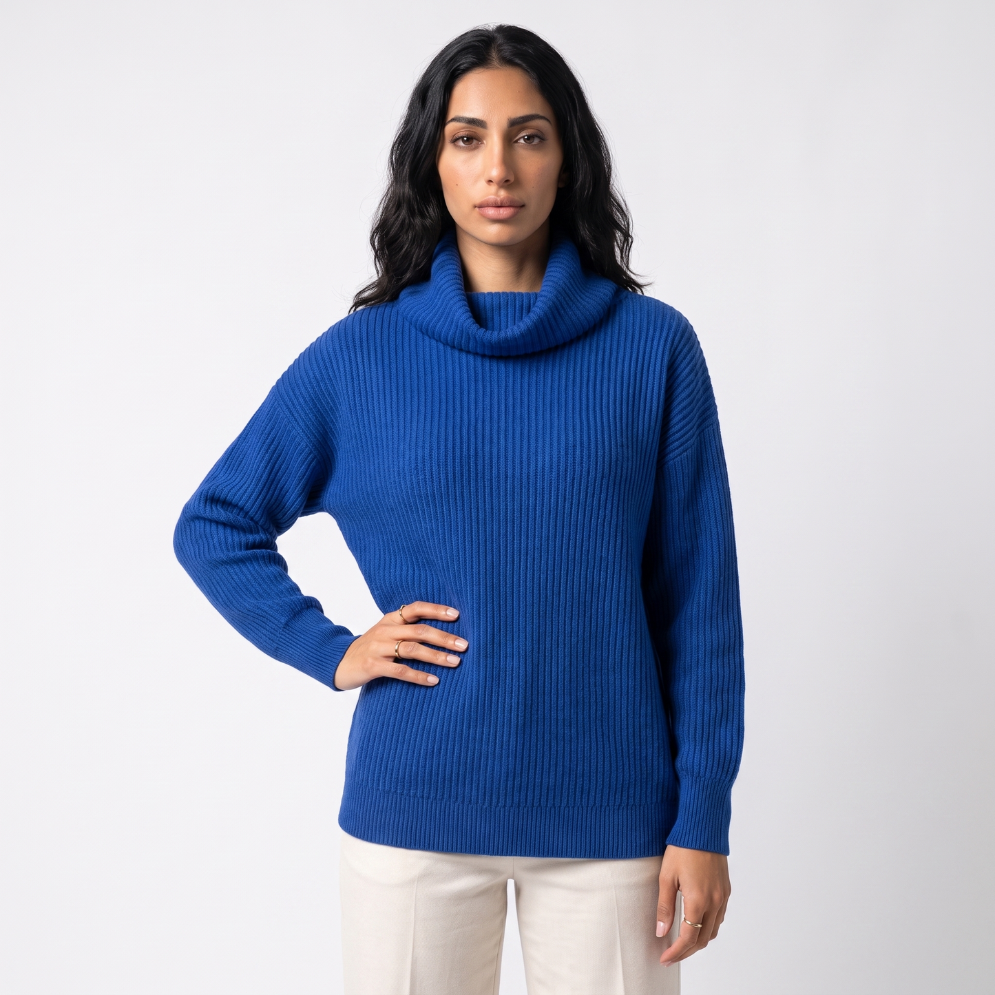 Sunoire scarlett womens ribbed cowl neck sweater button cuff knit jumper colorway blue front crop 01