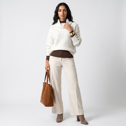 Sunoire scarlett womens ribbed cowl neck sweater button cuff knit jumper front hero 01