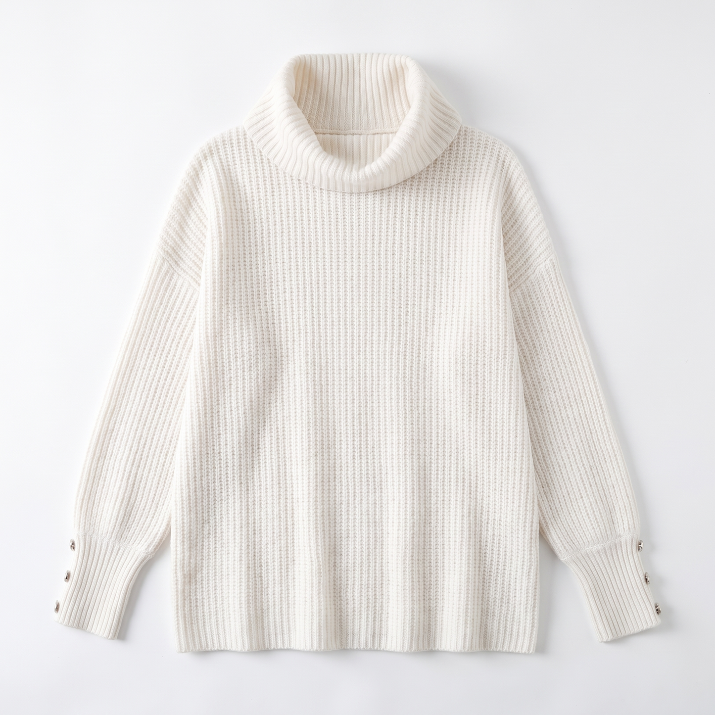 Sunoire scarlett womens ribbed cowl neck sweater button cuff knit jumper garment flatlay 01
