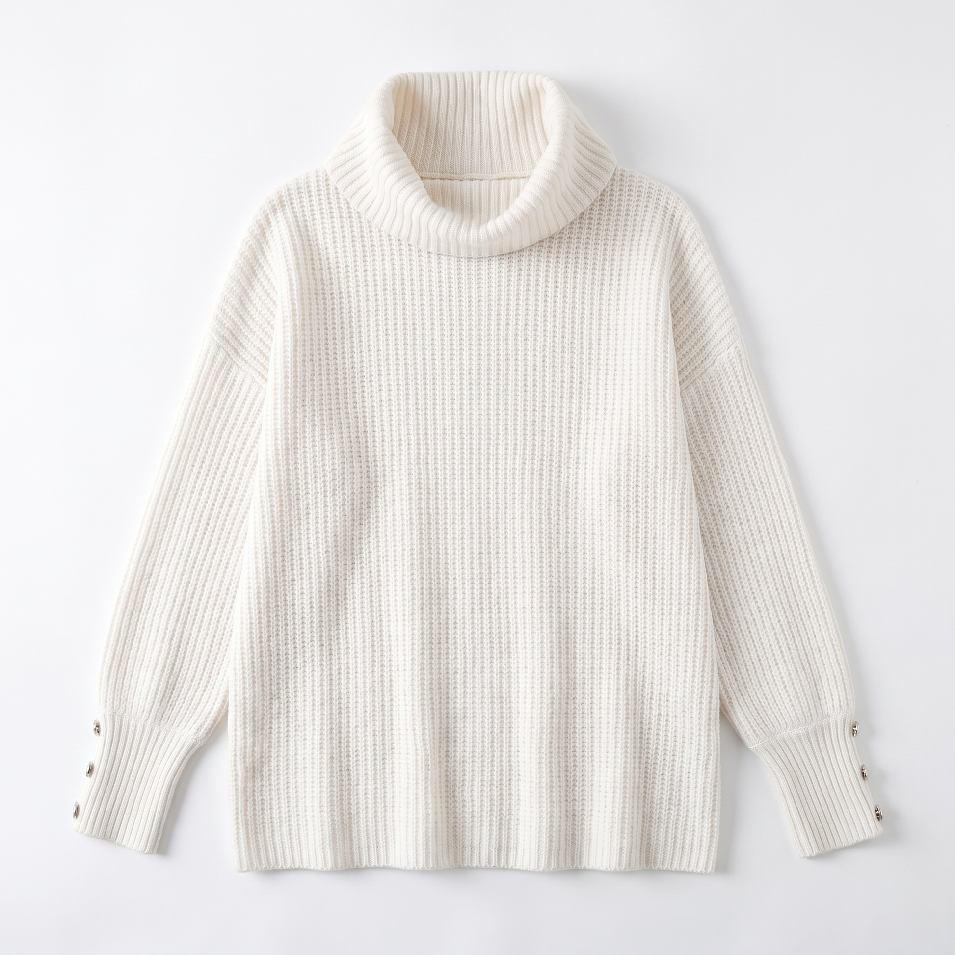 Sunoire scarlett womens ribbed cowl neck sweater button cuff knit jumper garment flatlay 01