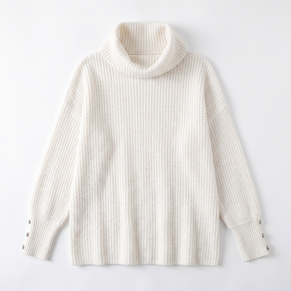 Sunoire scarlett womens ribbed cowl neck sweater button cuff knit jumper garment flatlay 01