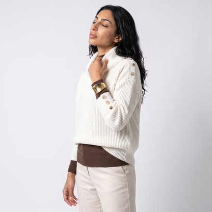 Sunoire scarlett womens ribbed cowl neck sweater button cuff knit jumper top crop 3q 01