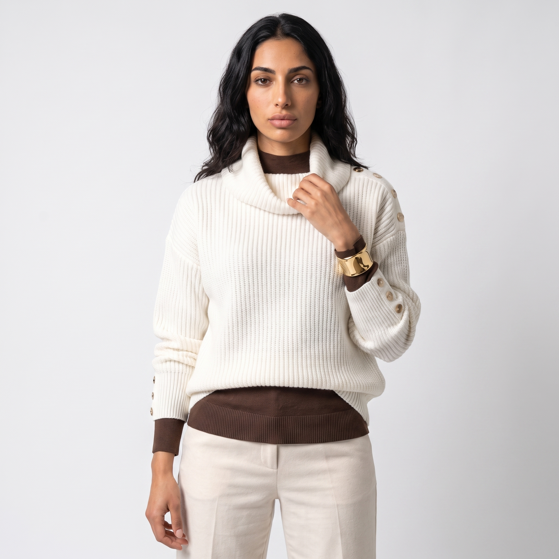 Sunoire scarlett womens ribbed cowl neck sweater button cuff knit jumper top front crop 01
