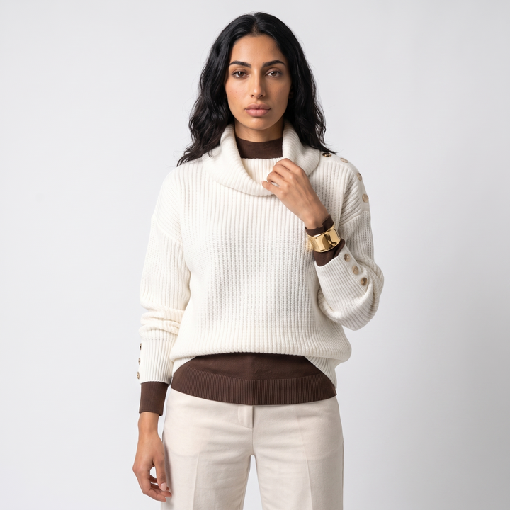 Sunoire scarlett womens ribbed cowl neck sweater button cuff knit jumper top front crop 01