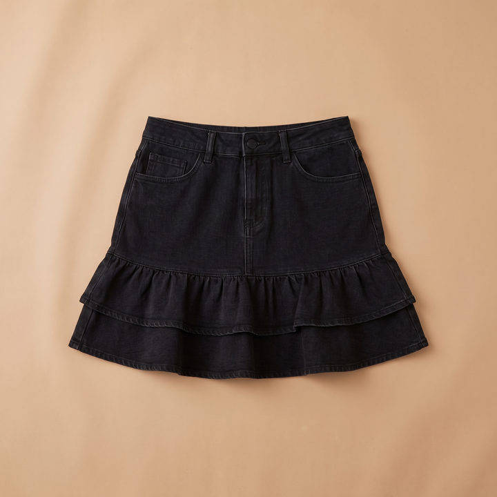 Sunoire seraphine black denim skirt garment flatlay 01
