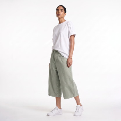 Sunoire serena sage green denim pants three quarter 01