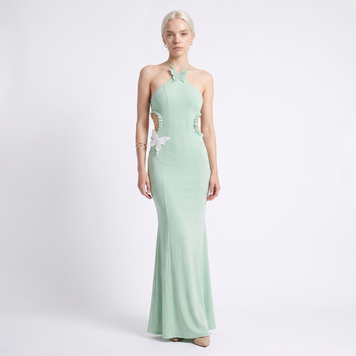 Rima Mint Green Butterfly Print Cut-Out Maxi Dress — Green
