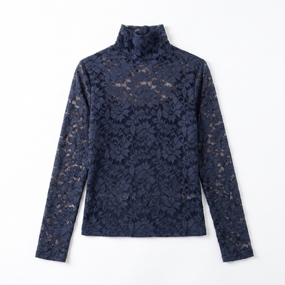 Sunoire sexy lace hollow out short blouse casual lantern long sleeve stand collar shirts female elegant blue red white loose tops garment flatlay 01