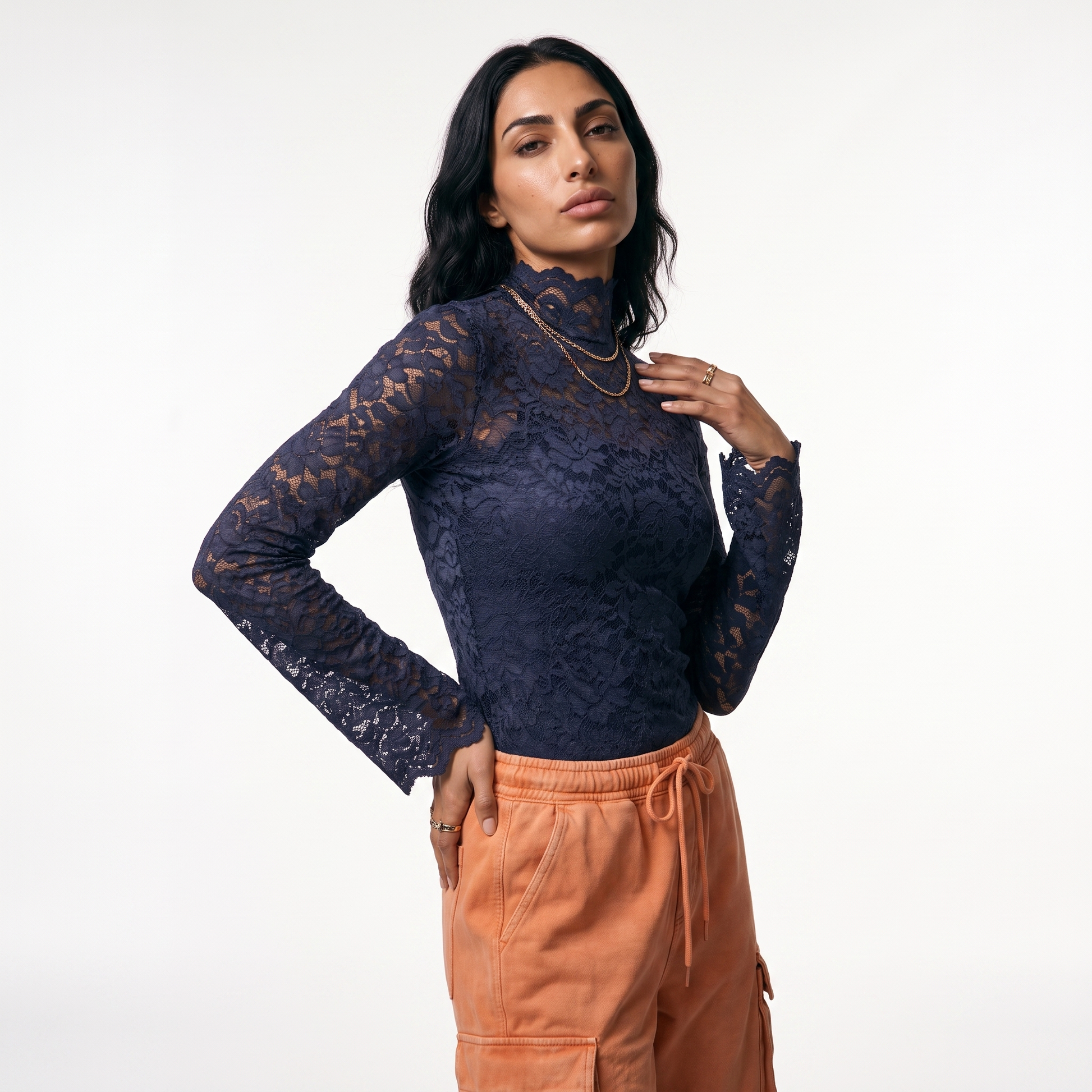 Sunoire sexy lace hollow out short blouse casual lantern long sleeve stand collar shirts female elegant blue red white loose tops top crop 3q 01