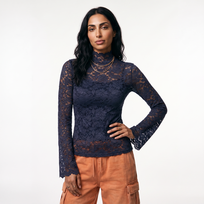 Sunoire sexy lace hollow out short blouse casual lantern long sleeve stand collar shirts female elegant blue red white loose tops top front crop 01
