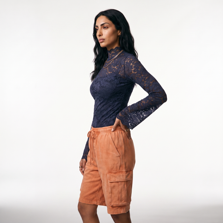 Sunoire sexy lace hollow out short blouse casual lantern long sleeve stand collar shirts female elegant blue red white loose tops top side crop 01