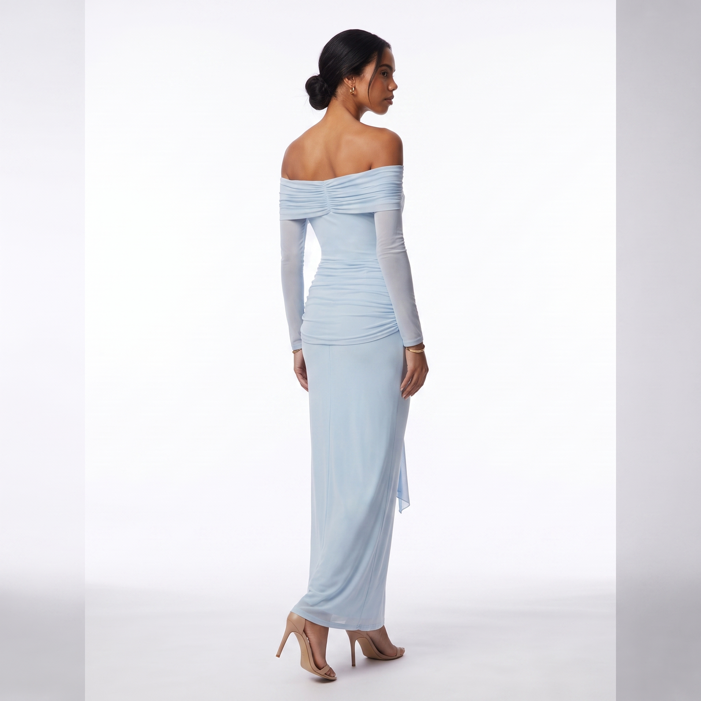 Sunoire sexy off the shoulder mesh long sleeves draped tie long dress women long sleeves ruched bodycon dresses evening party gowns back view 01