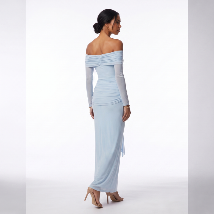 Sunoire sexy off the shoulder mesh long sleeves draped tie long dress women long sleeves ruched bodycon dresses evening party gowns back view 01