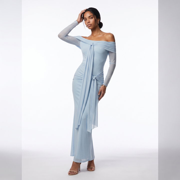 Sunoire sexy off the shoulder mesh long sleeves draped tie long dress women long sleeves ruched bodycon dresses evening party gowns front hero 01