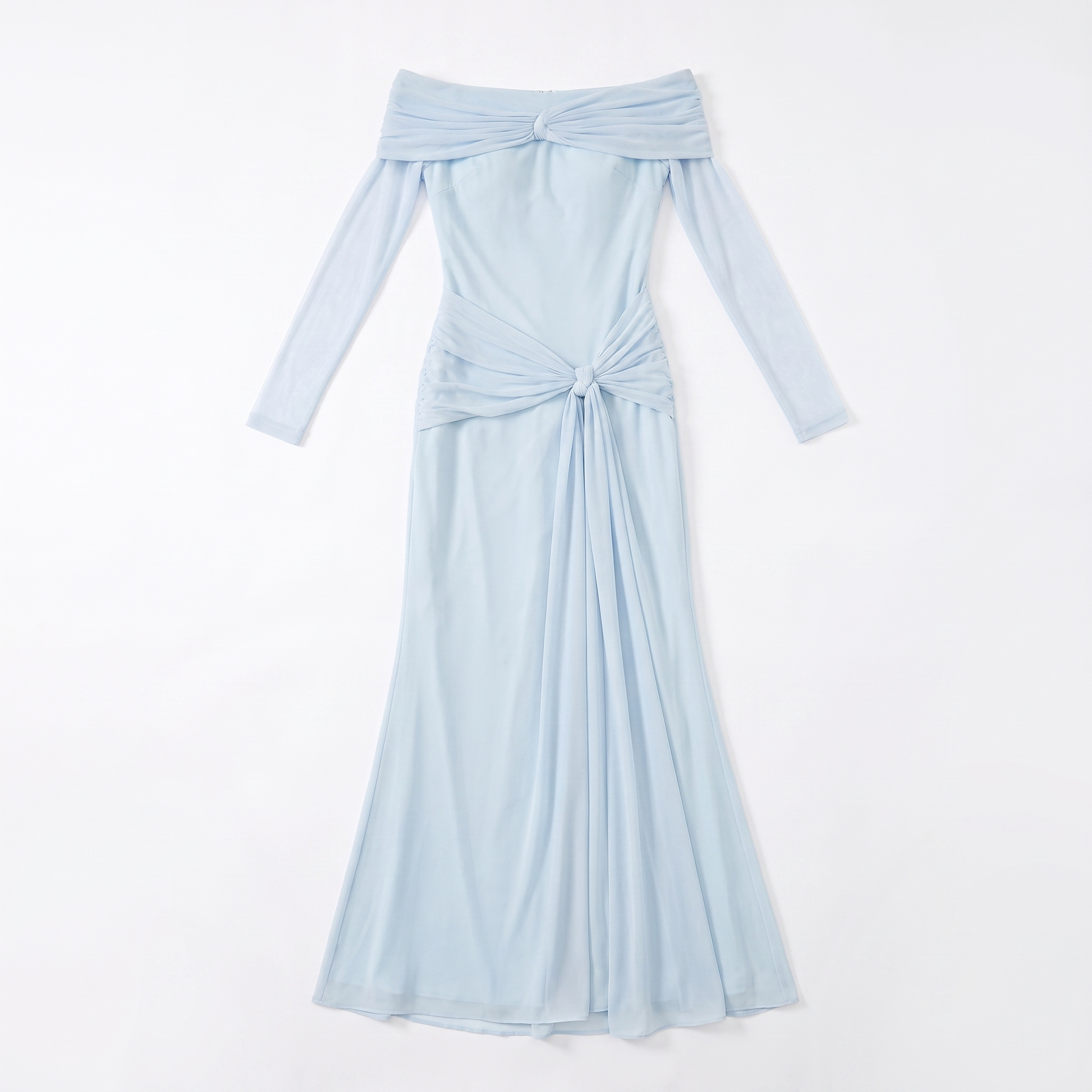 Sunoire sexy off the shoulder mesh long sleeves draped tie long dress women long sleeves ruched bodycon dresses evening party gowns garment flatlay 01