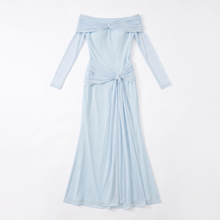Sunoire sexy off the shoulder mesh long sleeves draped tie long dress women long sleeves ruched bodycon dresses evening party gowns garment flatlay 01