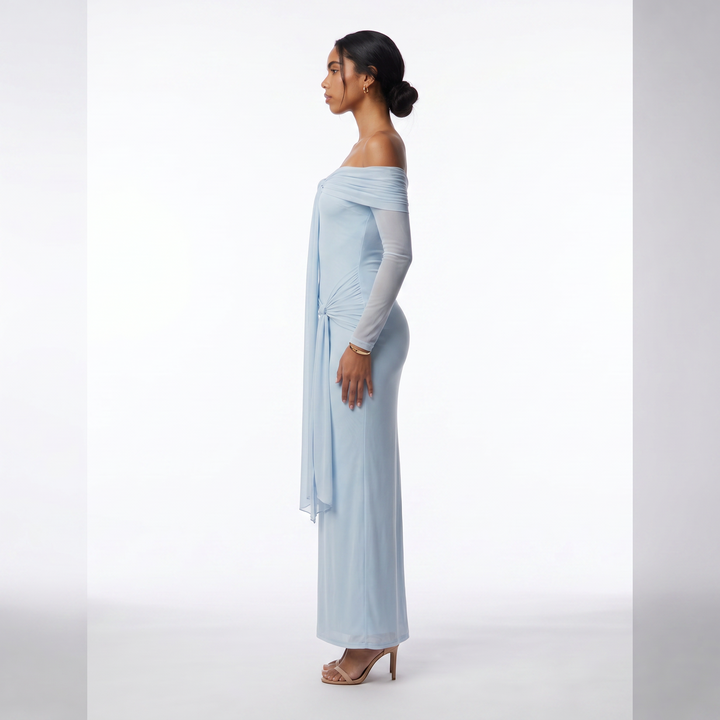 Sunoire sexy off the shoulder mesh long sleeves draped tie long dress women long sleeves ruched bodycon dresses evening party gowns side view 01