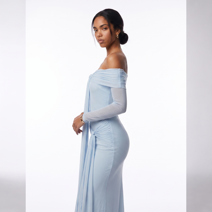 Sunoire sexy off the shoulder mesh long sleeves draped tie long dress women long sleeves ruched bodycon dresses evening party gowns three quarter 01