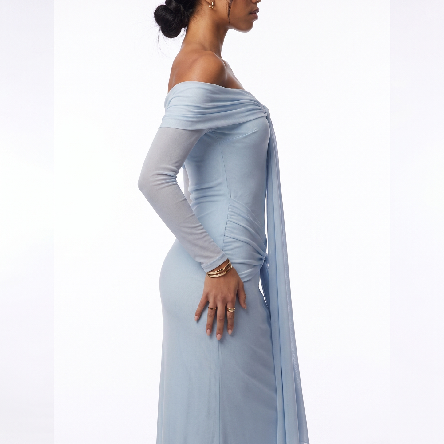 Sunoire sexy off the shoulder mesh long sleeves draped tie long dress women long sleeves ruched bodycon dresses evening party gowns torso crop 01