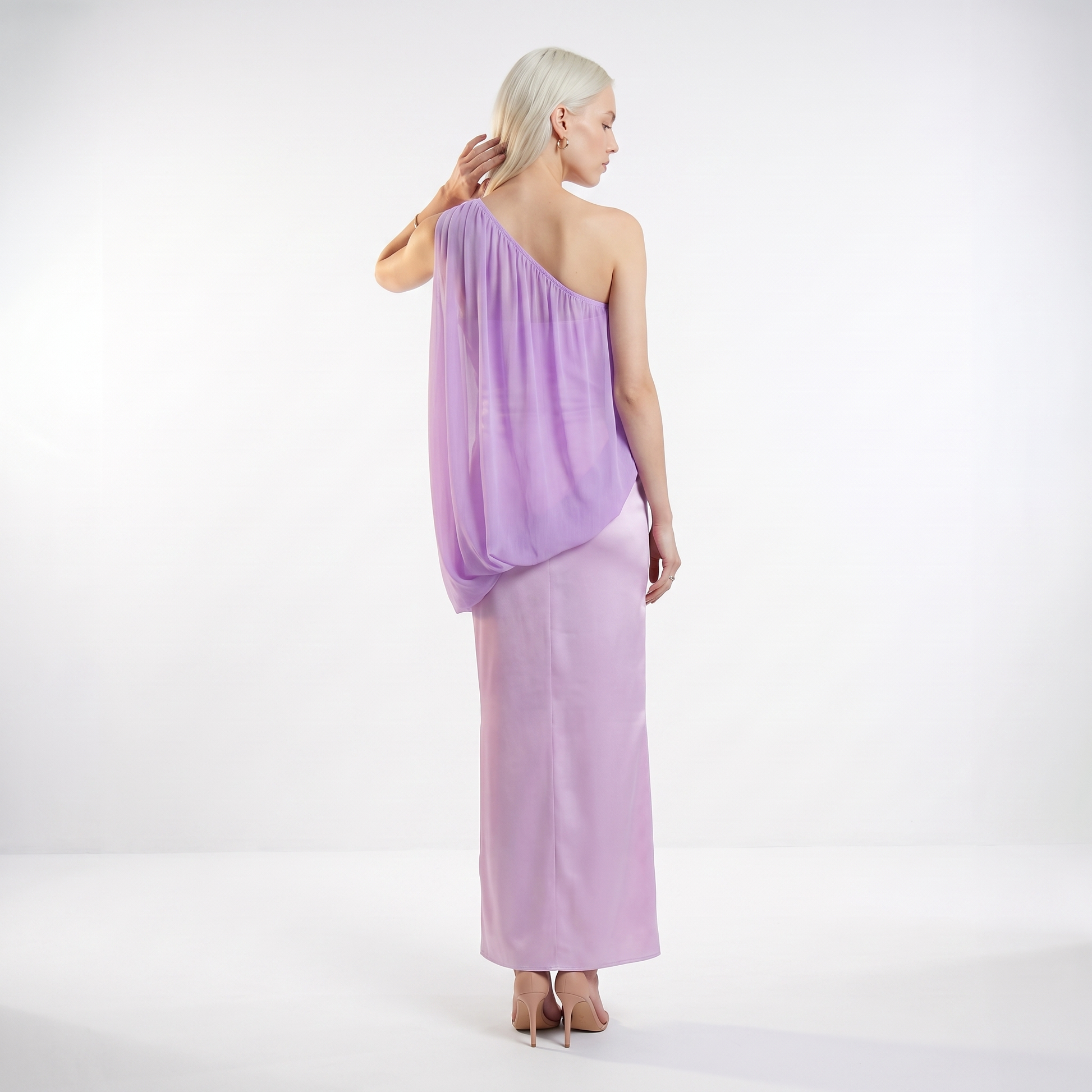 Sunoire sexy one shoulder ruched asymmetrical long dress women sleeveless diagonal collar folds slim dresses evening party gowns back view 01