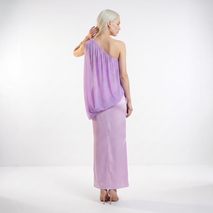 Sunoire sexy one shoulder ruched asymmetrical long dress women sleeveless diagonal collar folds slim dresses evening party gowns back view 01