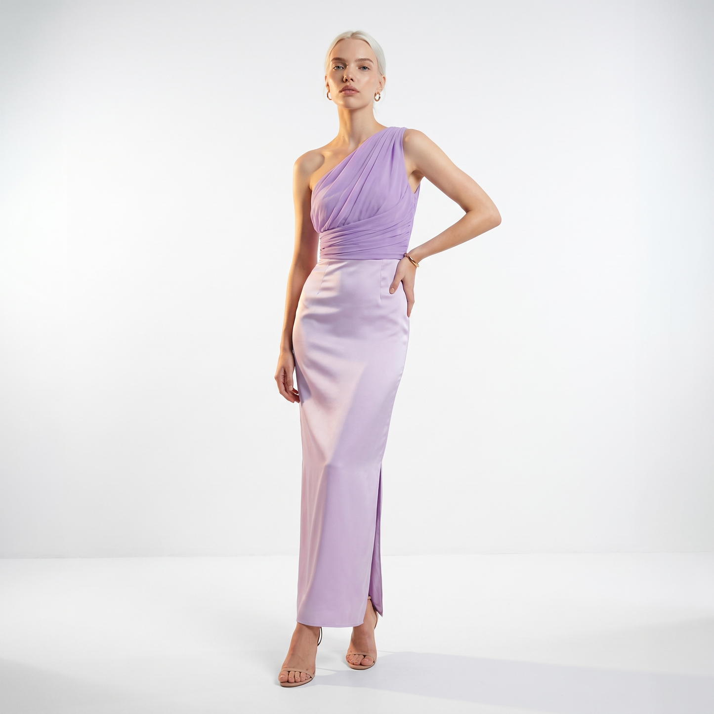 Sunoire sexy one shoulder ruched asymmetrical long dress women sleeveless diagonal collar folds slim dresses evening party gowns front hero 01