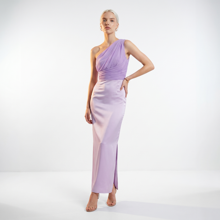 Sunoire sexy one shoulder ruched asymmetrical long dress women sleeveless diagonal collar folds slim dresses evening party gowns front hero 01