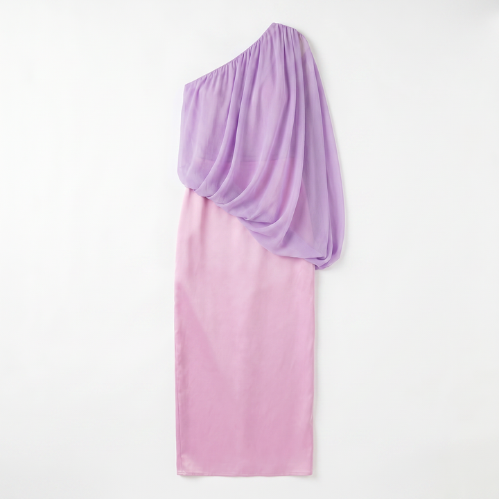 Sunoire sexy one shoulder ruched asymmetrical long dress women sleeveless diagonal collar folds slim dresses evening party gowns garment flatlay 01