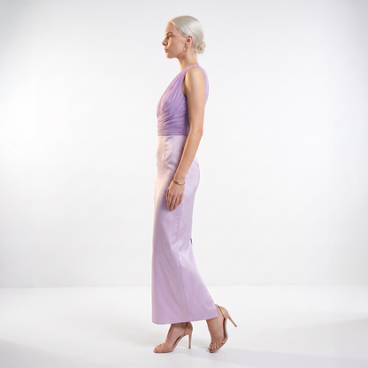 Sunoire sexy one shoulder ruched asymmetrical long dress women sleeveless diagonal collar folds slim dresses evening party gowns side view 01