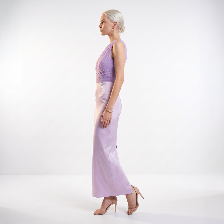 Sunoire sexy one shoulder ruched asymmetrical long dress women sleeveless diagonal collar folds slim dresses evening party gowns side view 01