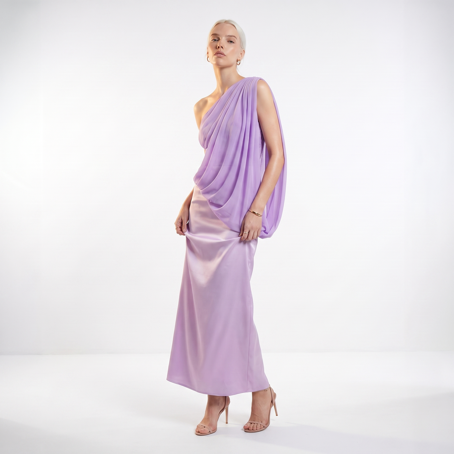Sunoire sexy one shoulder ruched asymmetrical long dress women sleeveless diagonal collar folds slim dresses evening party gowns three quarter 01